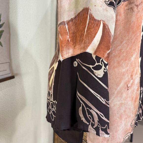 Citron Santa Monica Brown Floral 3/4 Flare Sleeve Silk Top Fairy Grunge Forest M - Picture 3 of 11